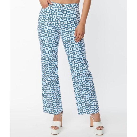NWT, Unique Vintage Blue & White Checkered Daisy Print Jeans, Size L - Picture 2 of 16